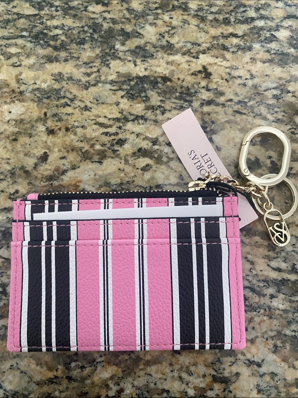 Victoria's Secret Pink, Black & White Striped Cardholder w bag clip Keychain NWT - Picture 3 of 6